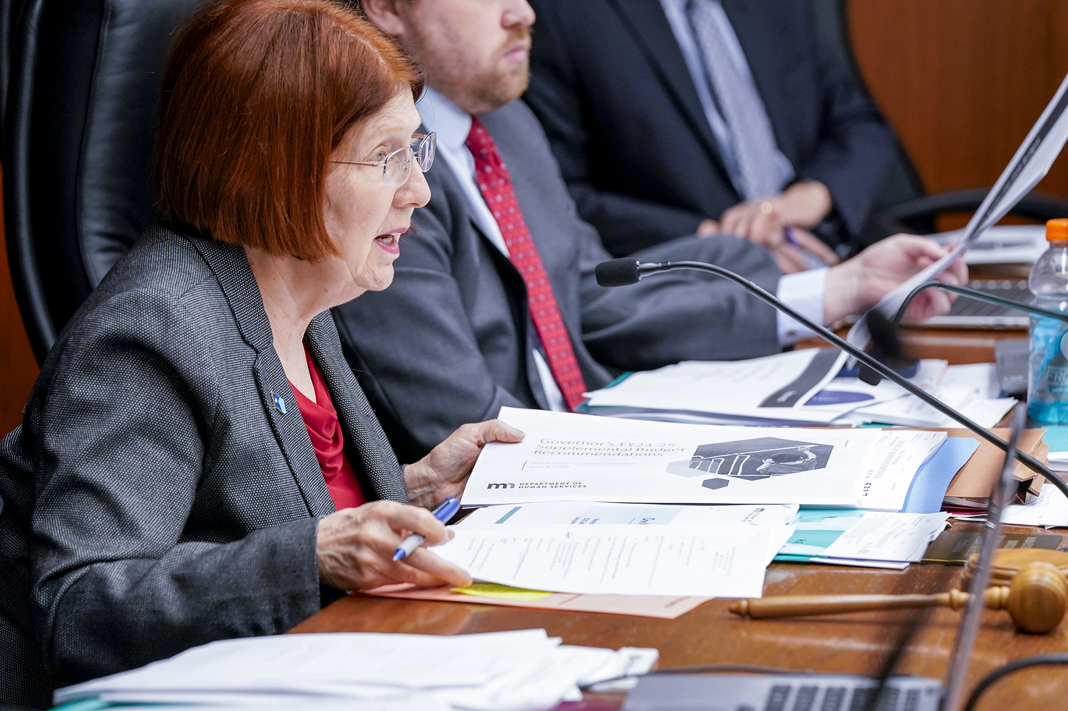 Rep. Tina Liebling, chair of the House Health Finance and Policy Committee, asks a question during an April 9 hearing on HF5317, the governor’s health and human services budget bill. (Photo by Michele Jokinen)
